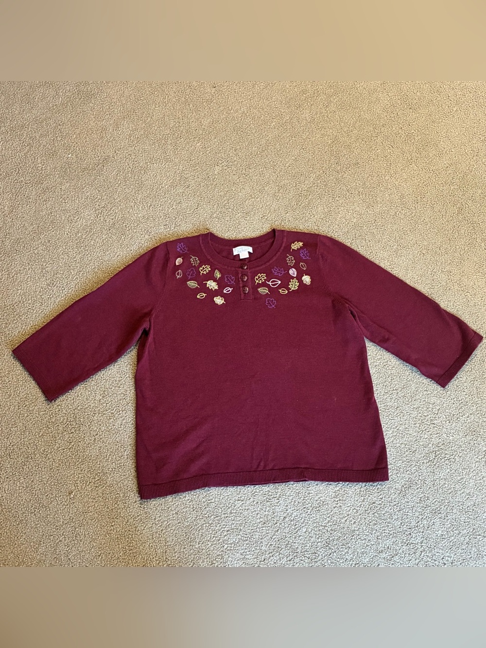 Womens XL Christopher & Banks Shirt Embroidered Leafs Burgundy 3/4-Sleeve Top